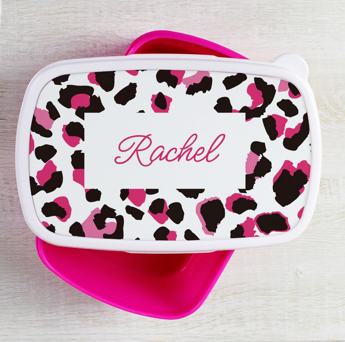Personalised Leopard Print Name Only Pink Lunch Box