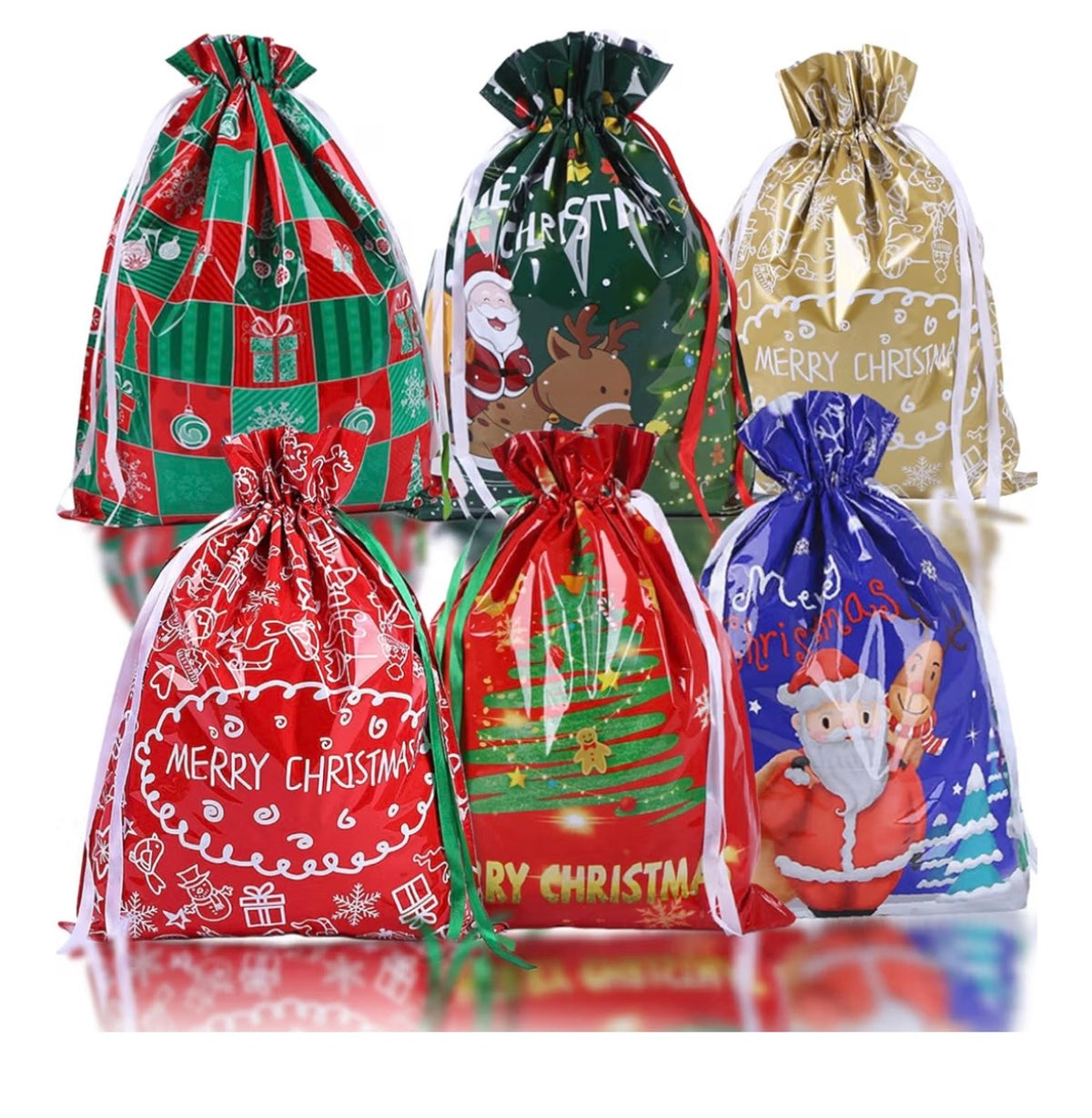6 Pcs Large Size Foil Gift Bags Christmas Drawstring Wrapping Bags