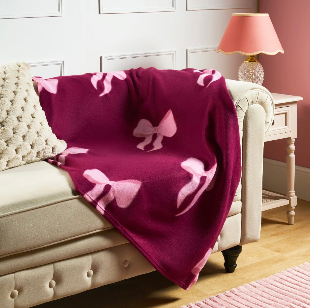 Bow Print Fleece Throw - Burgundy/Pink