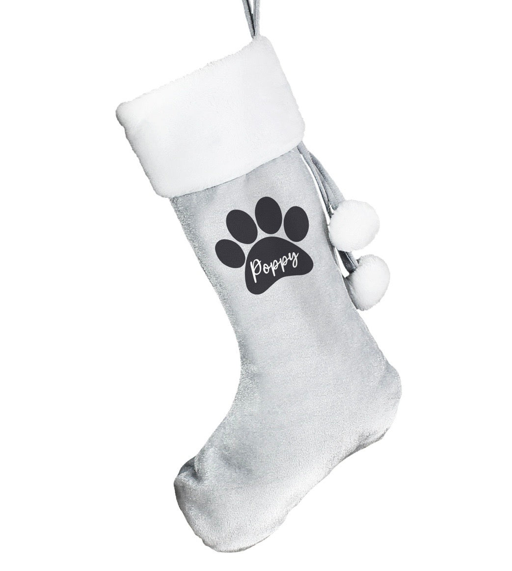 Personalised Paw Print Silver Grey Stocking
