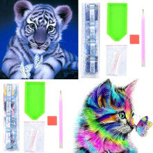 2 Pcs 5D Diamond Art Painting Kits Full Drill, Cat Butterfly and Tiger