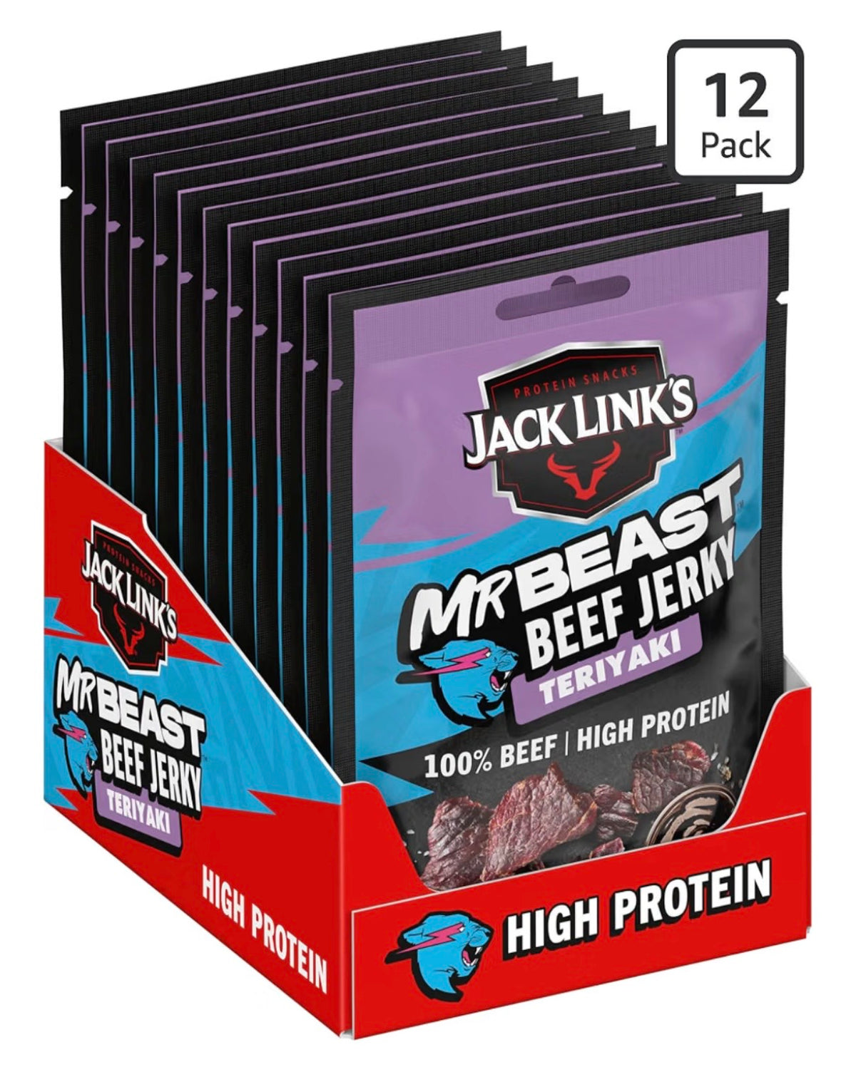Jack Link's Beef Jerky, Teriyaki Flavour, Multipack of 12 x 25g Bags
