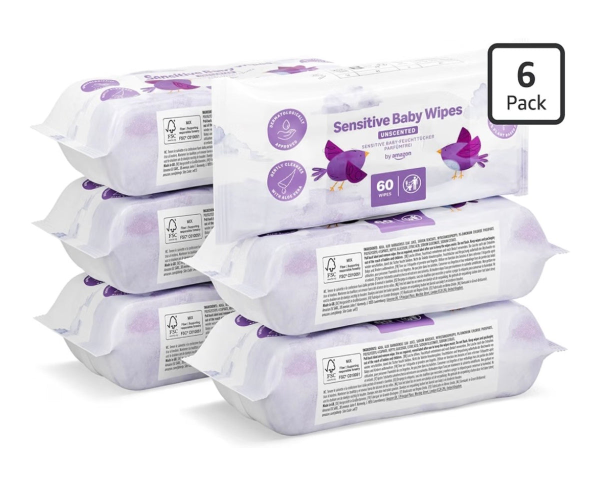 Sensitive Baby Wipes, Unscented, 360 Wipes, 6 Pack of 60