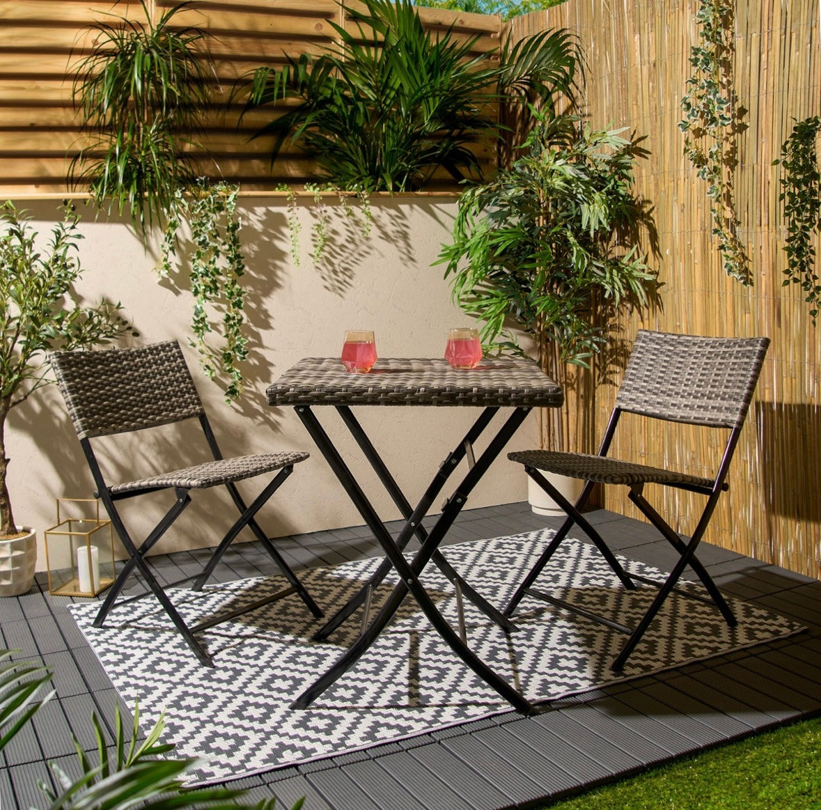 Rattan Folding Bistro Set, 3 Piece - Grey