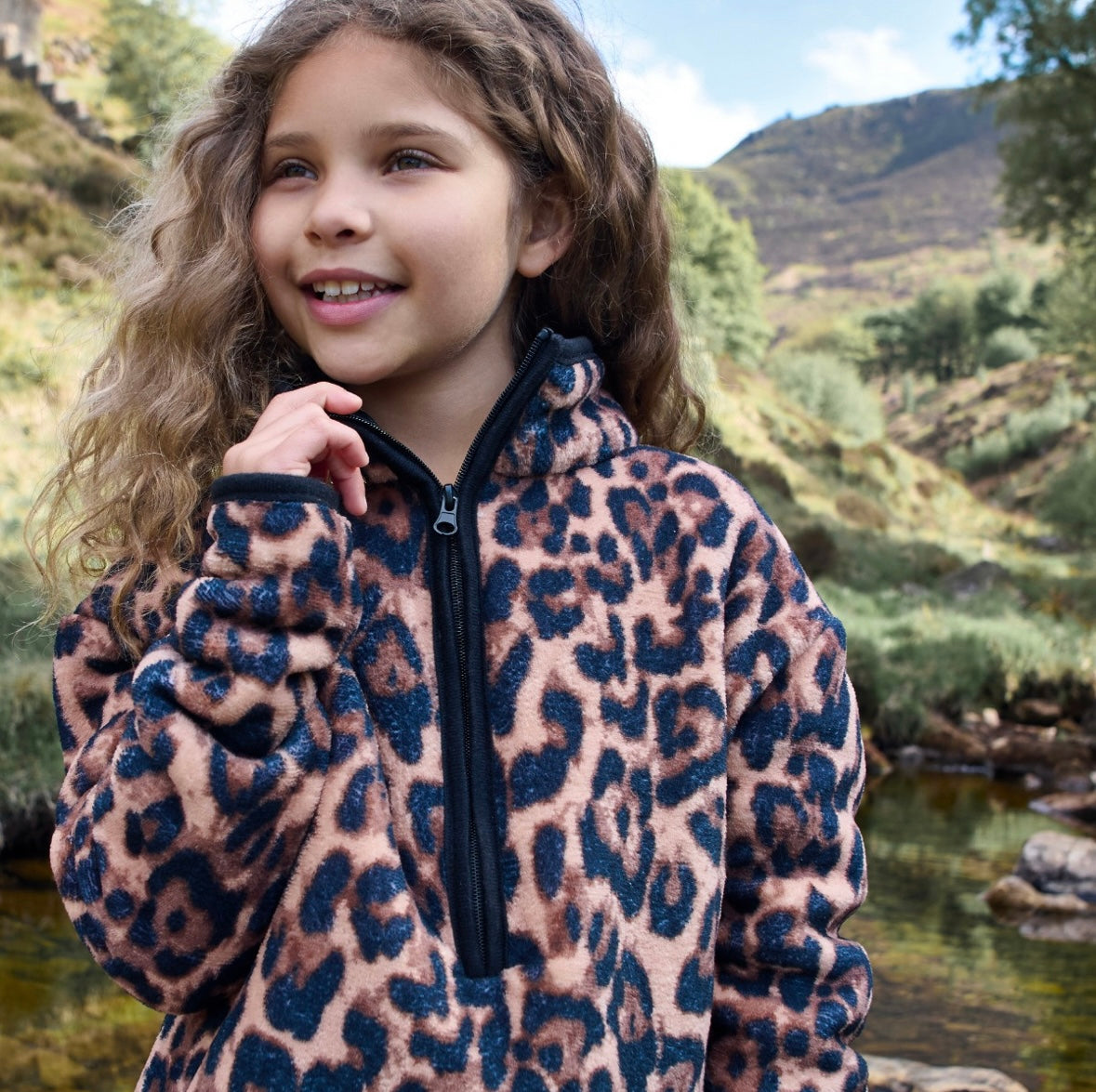 Kids Leopard Print Half Zip Fleece - Natural