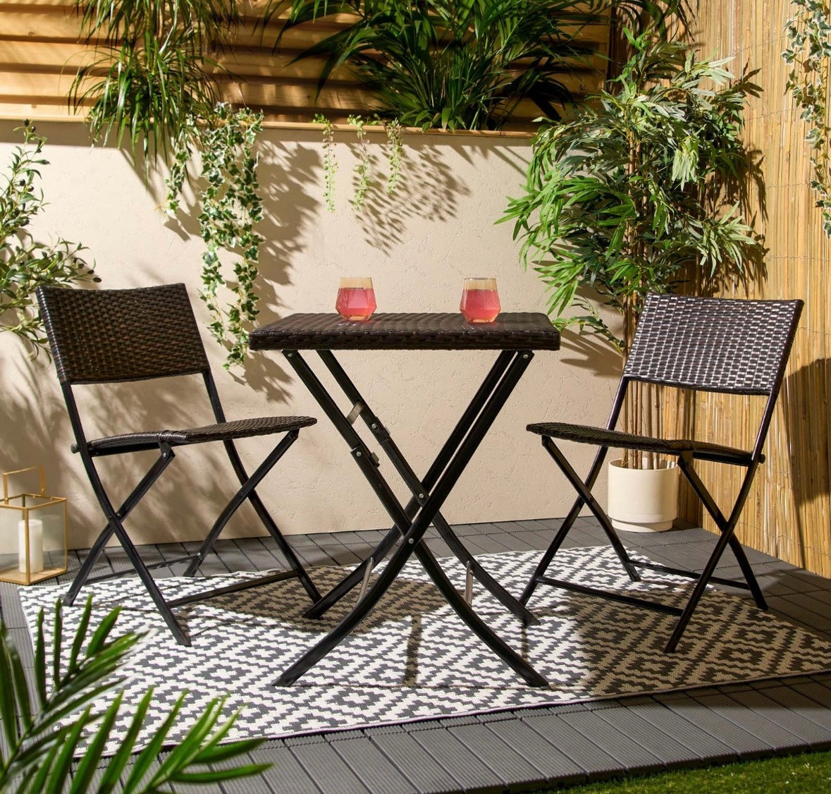 Rattan Folding Bistro Set, 3 Piece - Brown