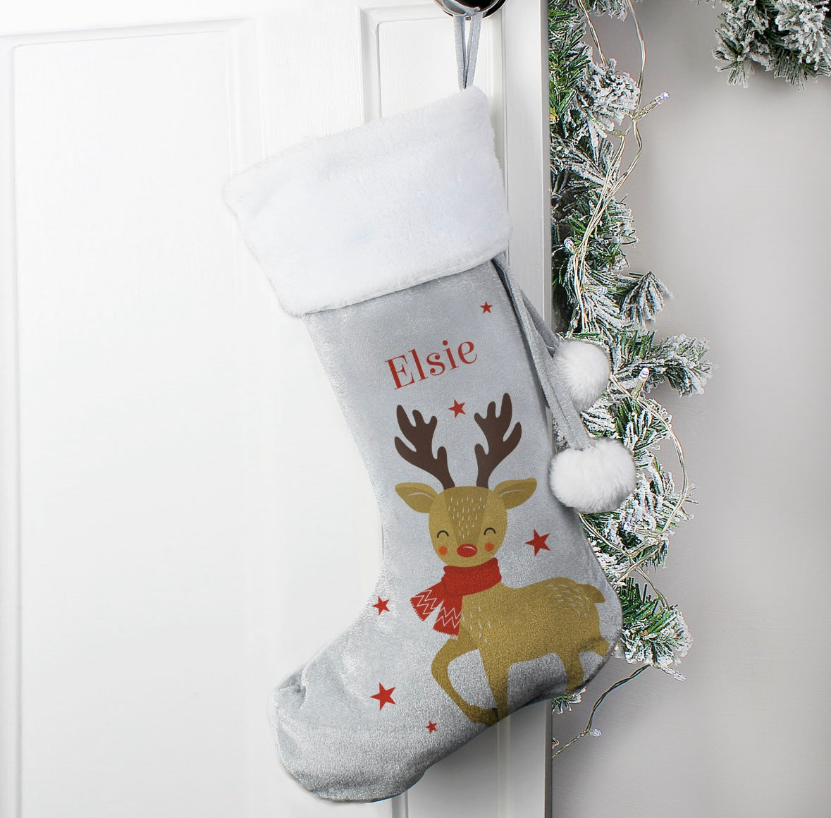 Personalised Reindeer Silver Grey Stocking