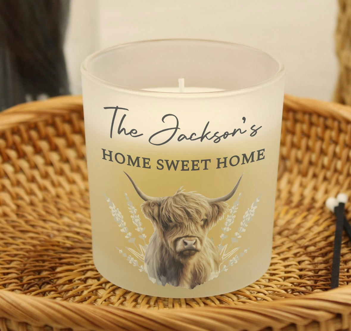 Personalised Highland Cow Frosted Glass Candle