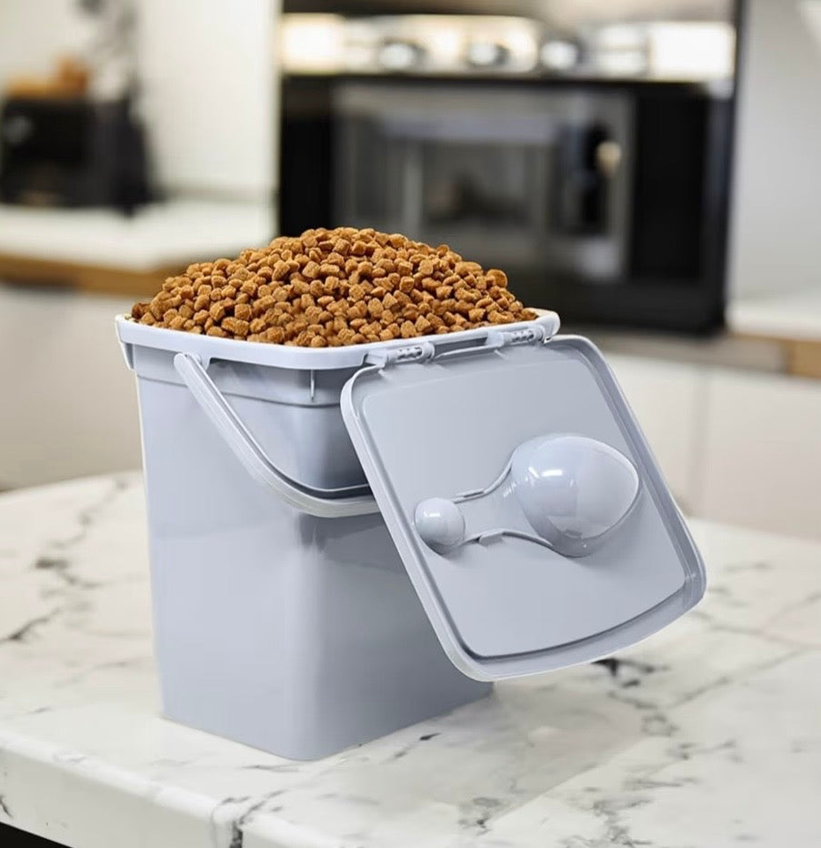 Dog Food Bin With Scoop And Treat Tin Container Grey Illustrated Pet Feeding Set