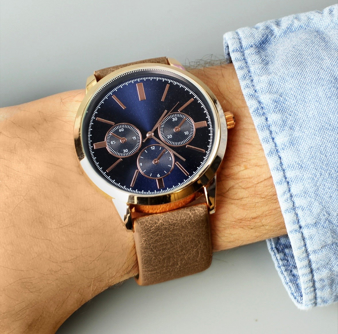 Personalised Mens Rose Gold Tone Watch with Brown Strap and Presentation Box