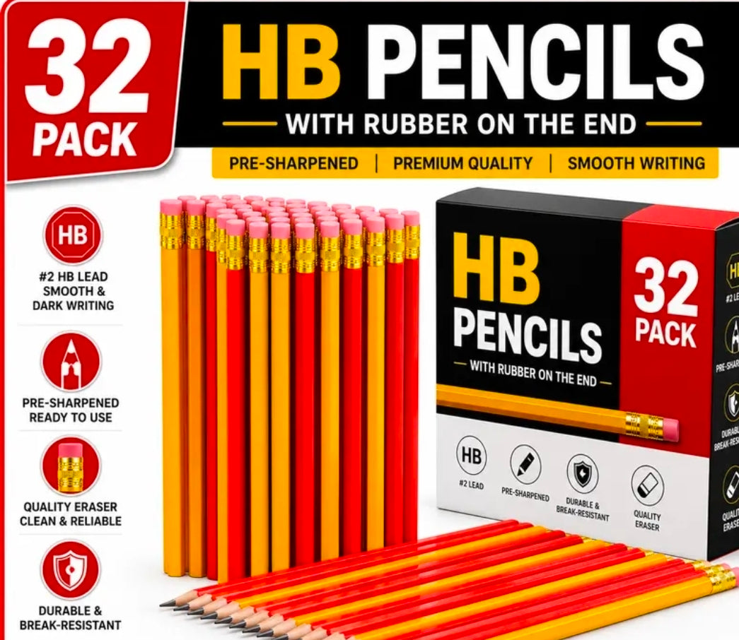 32 HB Pencils & Rubber