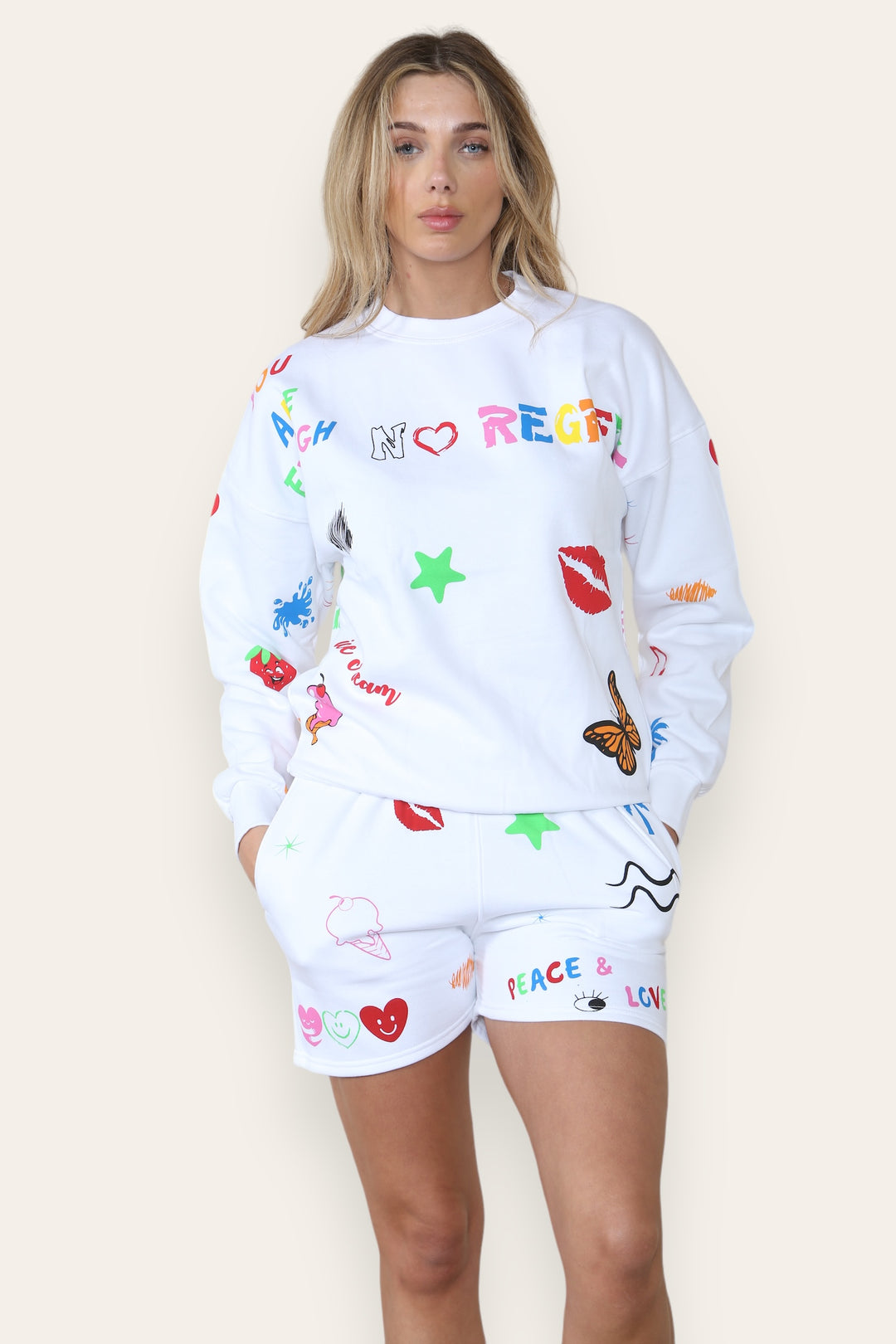 NO REGRETS PRINT SHORT TRACKSUIT