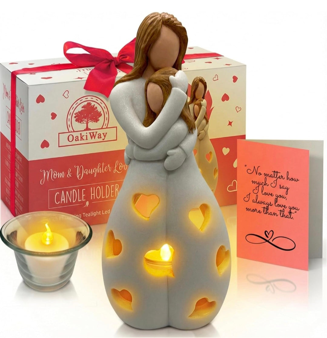Mum and Daughter - Candle Holder Statue with Flickering LED Candle
