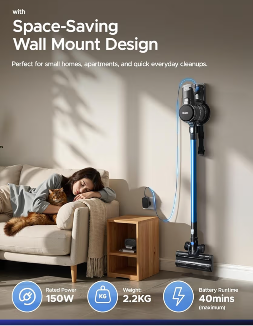 Cordless Vacuum Cleaner – Speed Suction with Easy Reach Bendable Wand – LED Display – Stick Hoover – Pet Hair – Carpet & Hard Floor Clean (150W)