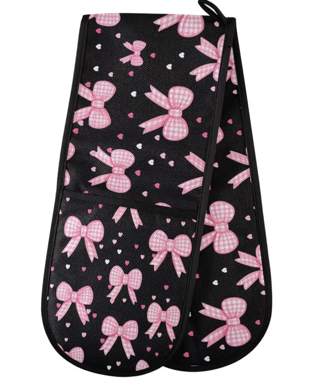 Double Oven Gloves Pink Bow Heart