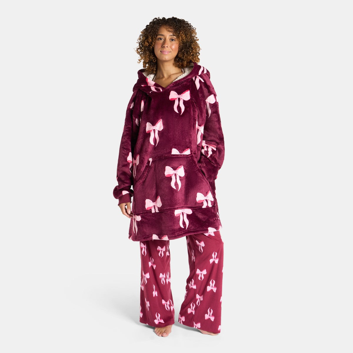 Adults Bow Print Hoodie Blanket - Burgundy/Pink