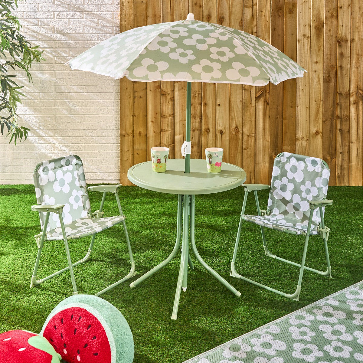 Kids Daisy Print Bistro Set with Parasol - Sage/White