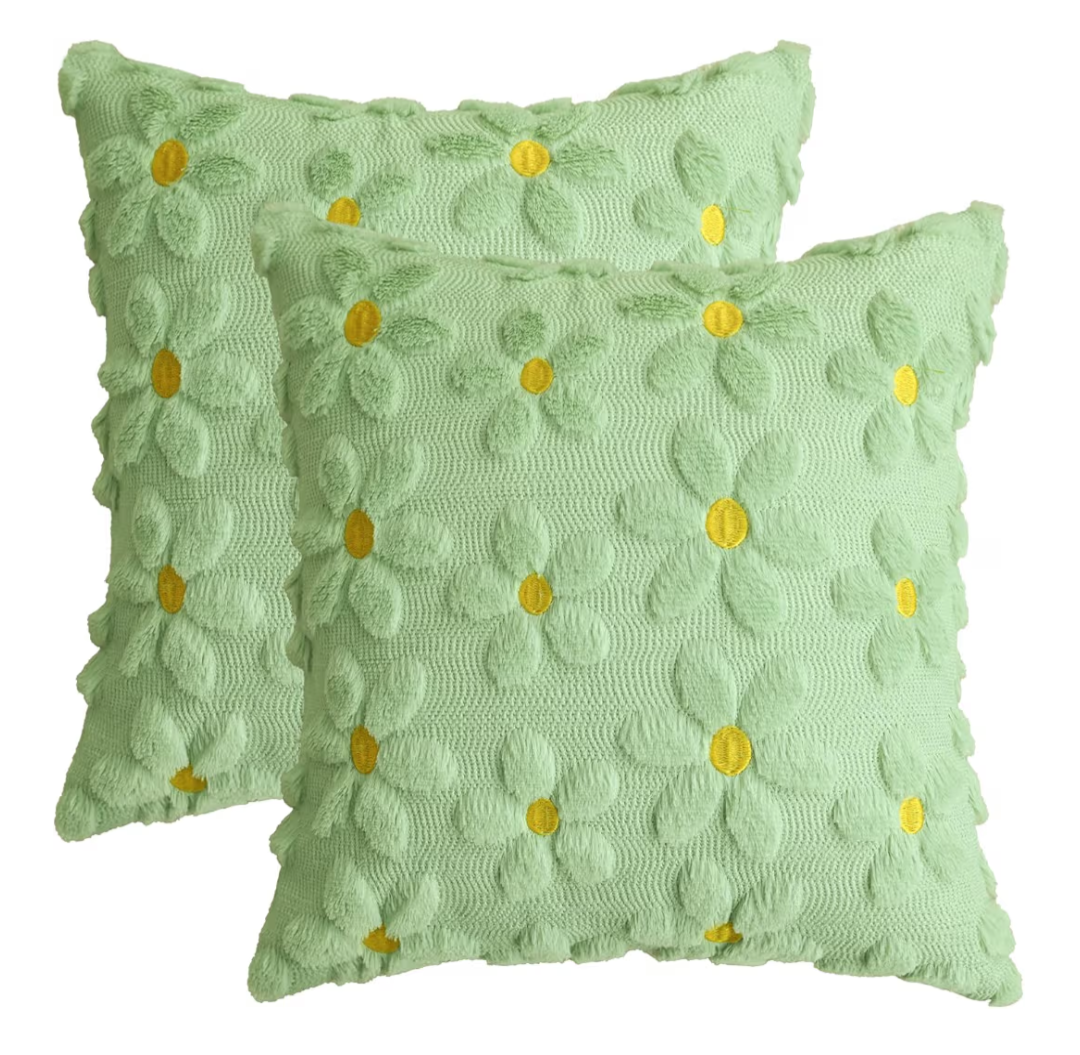 Soft Plush Faux Fur Daisy Spring Cushion Covers Set of 2 45x45 cm