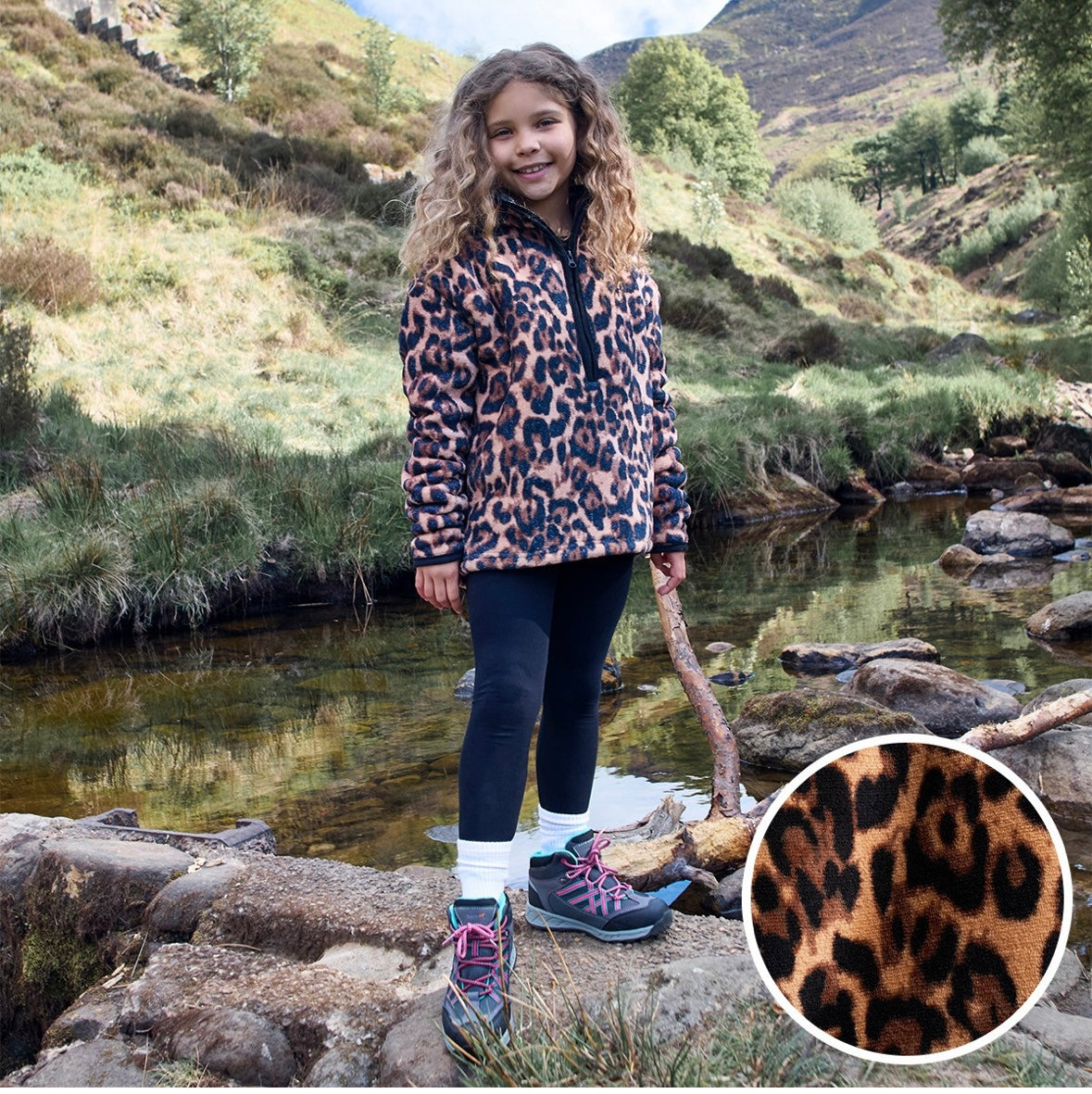 Kids Leopard Print Half Zip Fleece - Natural