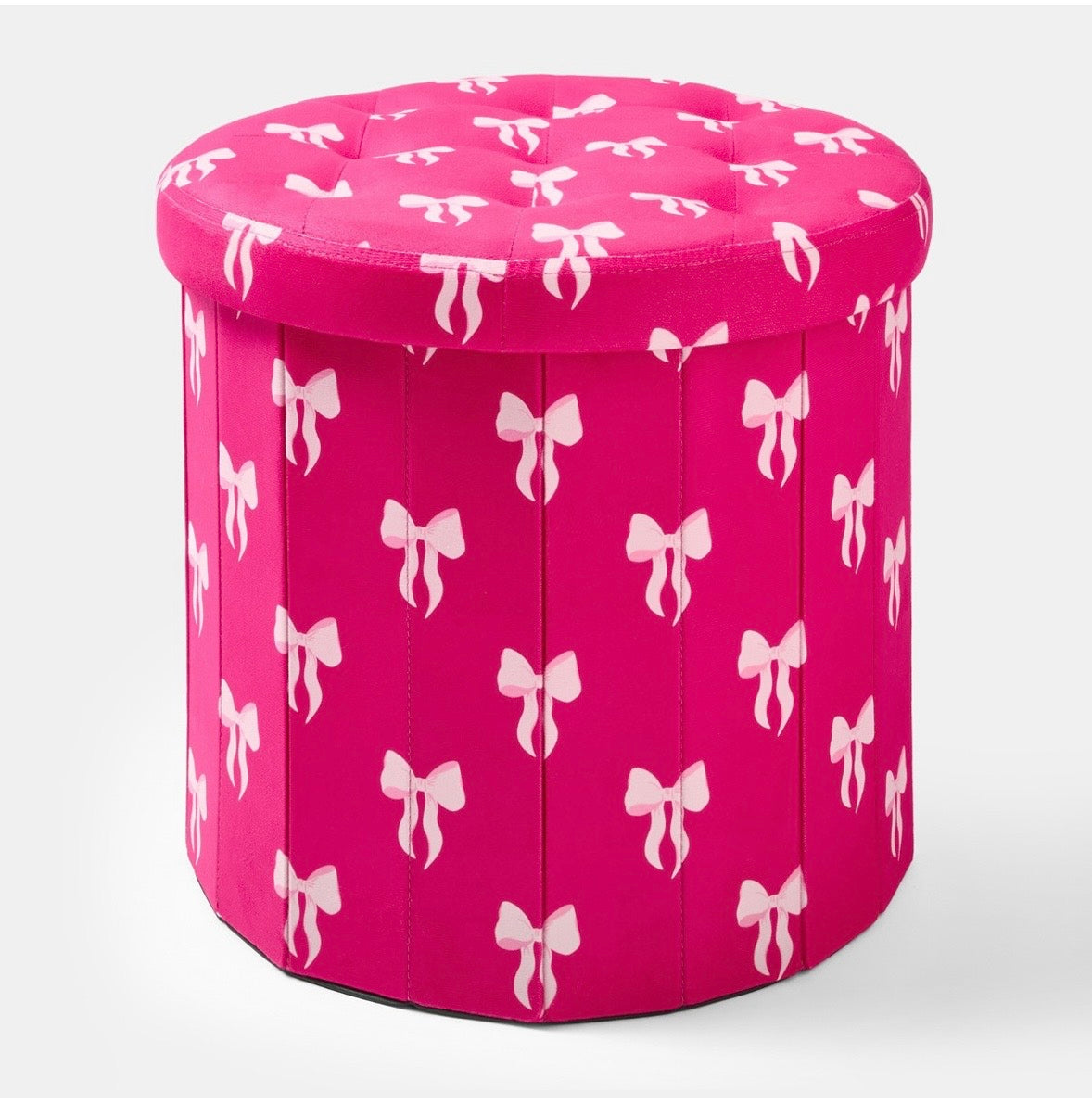 Bow Print Velvet Foldable Round Storage Ottoman - Hot Pink