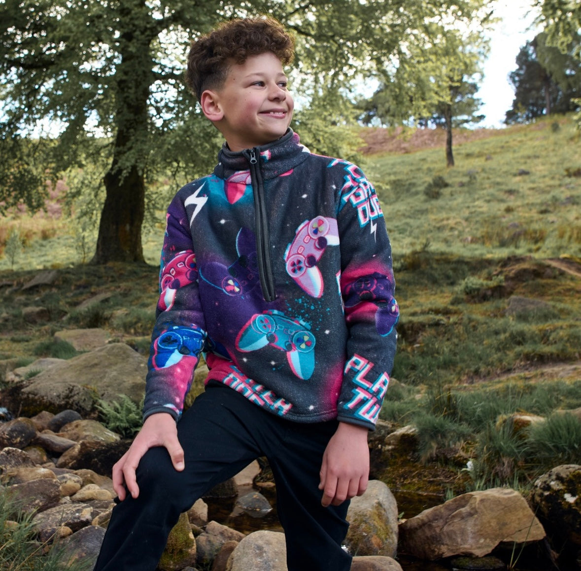 Kids Neon Gaming Print Half Zip Fleece - Purple