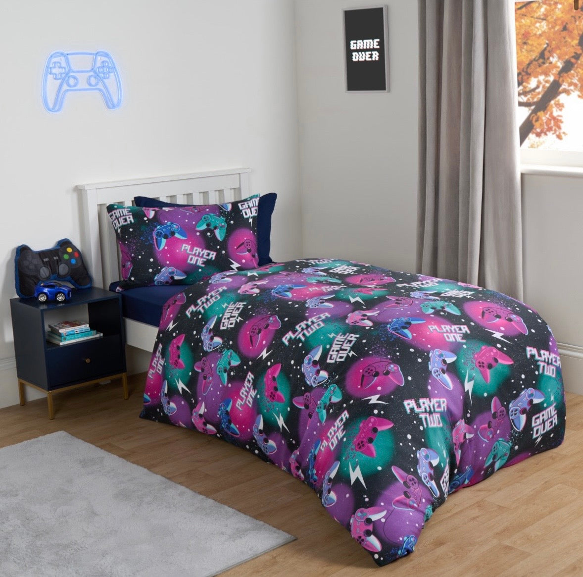 Neon Gaming Check Reversible Duvet Cover Set - Black