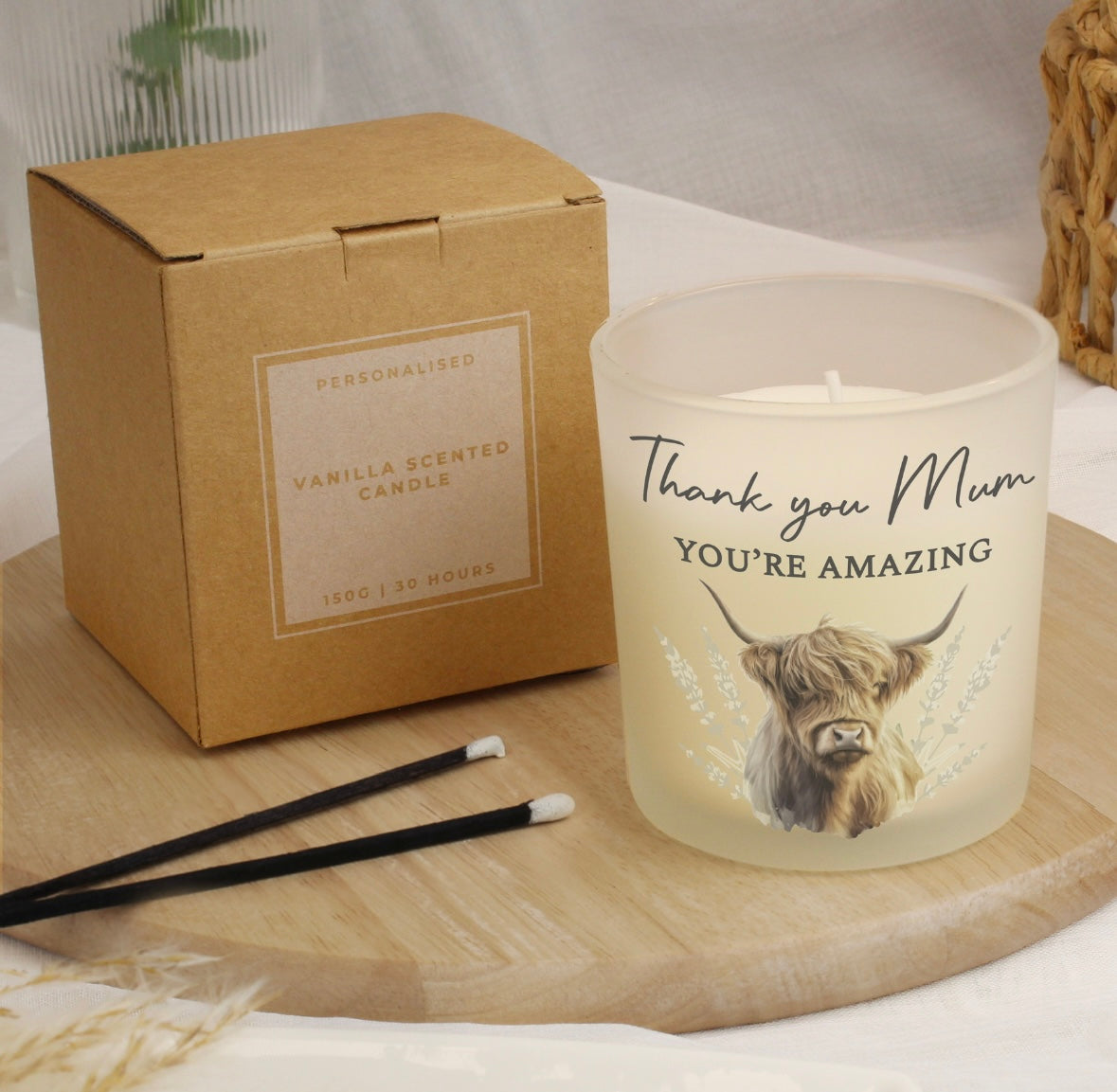 Personalised Highland Cow Frosted Glass Candle
