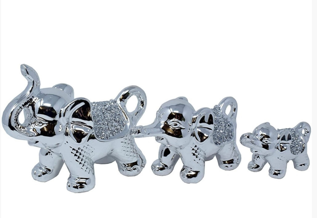 Pair of 3 Elephants Row Ornament Bling Crushed Diamond