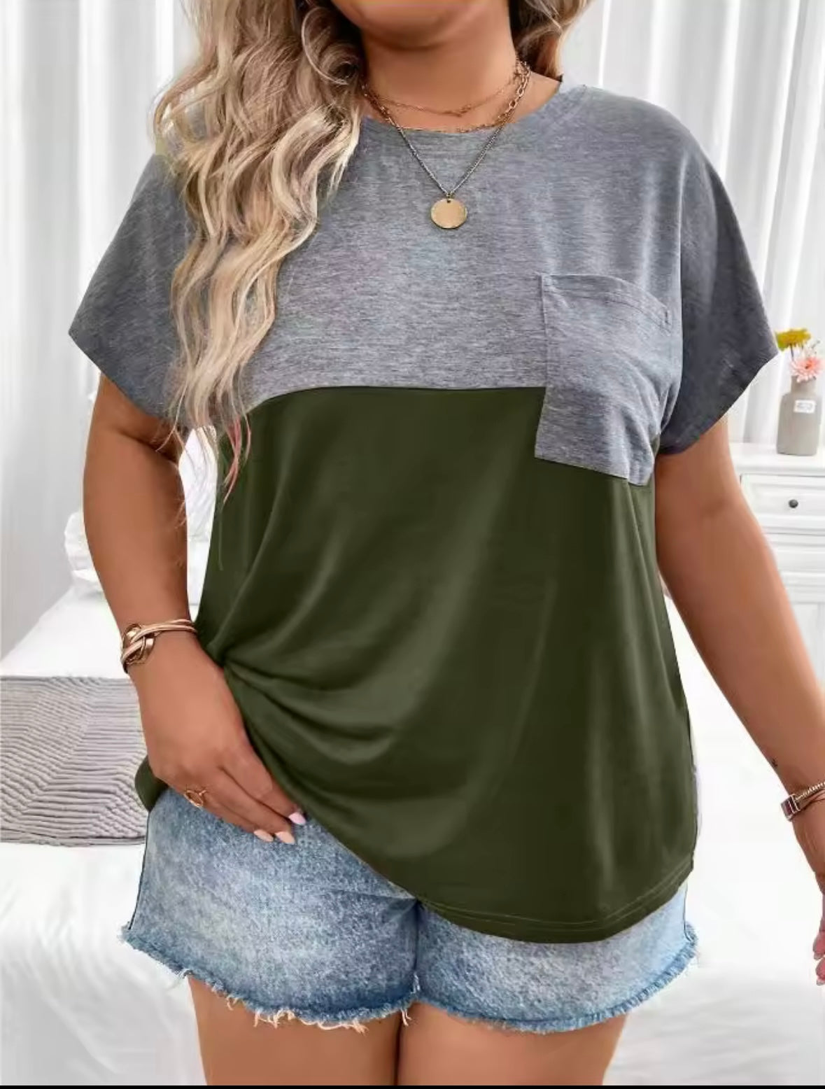 Plus Size Cross Border Women's Short Sleeve Patchwork Pocket T-shirt
