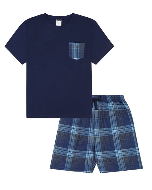 Mens Check Navy Blue Short Pyjamas