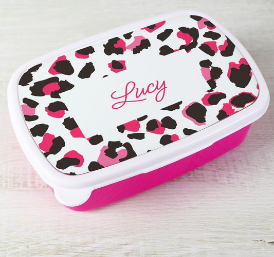 Personalised Leopard Print Name Only Pink Lunch Box