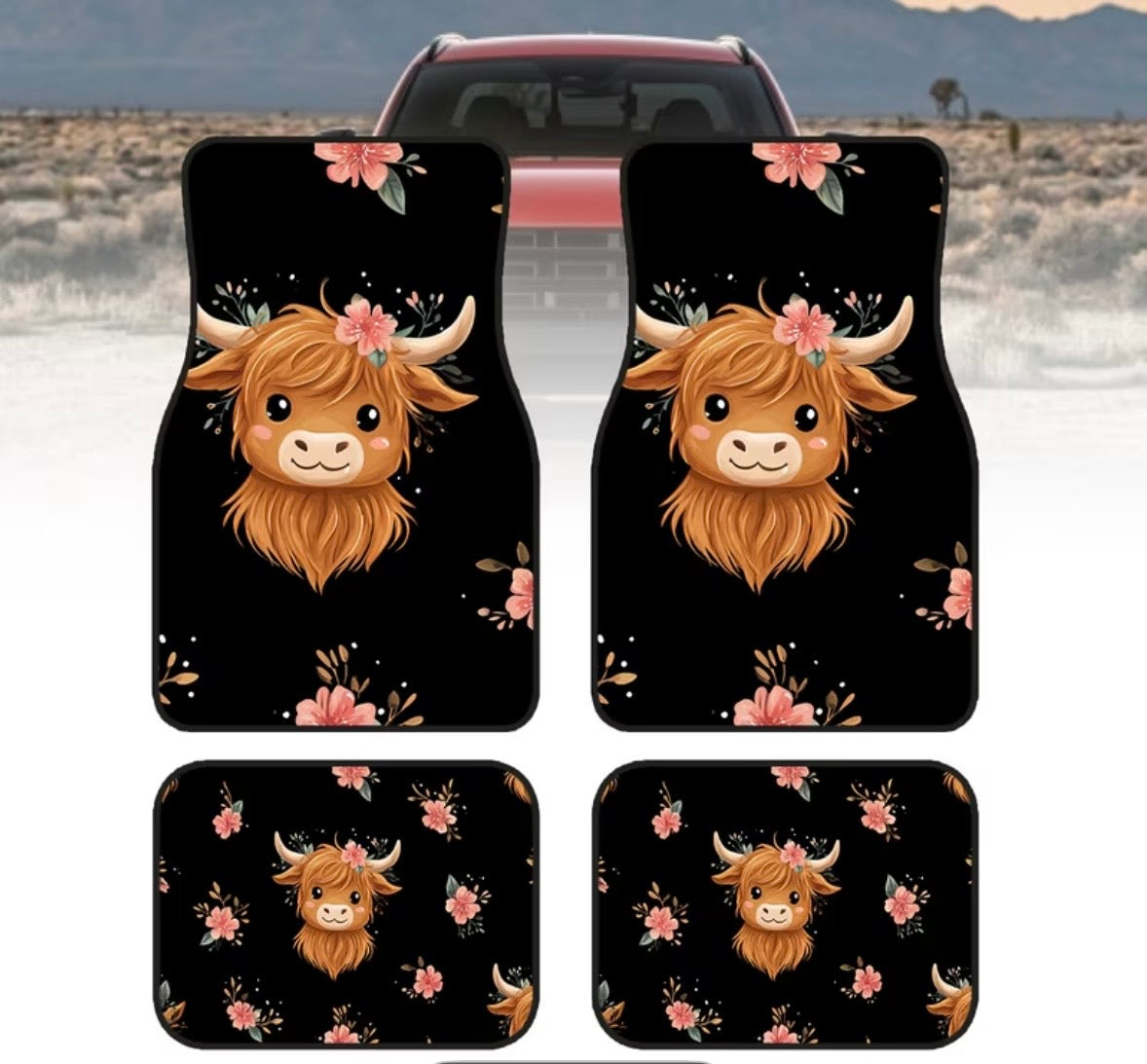 4pc Set of Stylish Floral Highland Cow Pattern Print Car Floor Mats