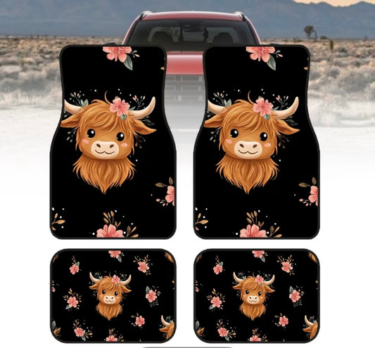 4pc Set of Stylish Floral Highland Cow Pattern Print Car Floor Mats