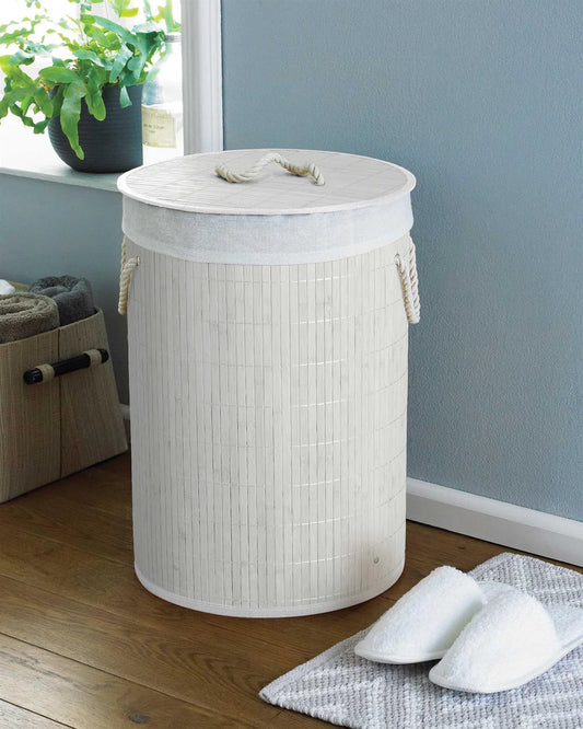 Round Bamboo Laundry Hamper with Lid, White
