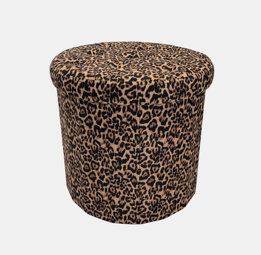 Leopard Print Velvet Foldable Round Storage Ottoman - Natural