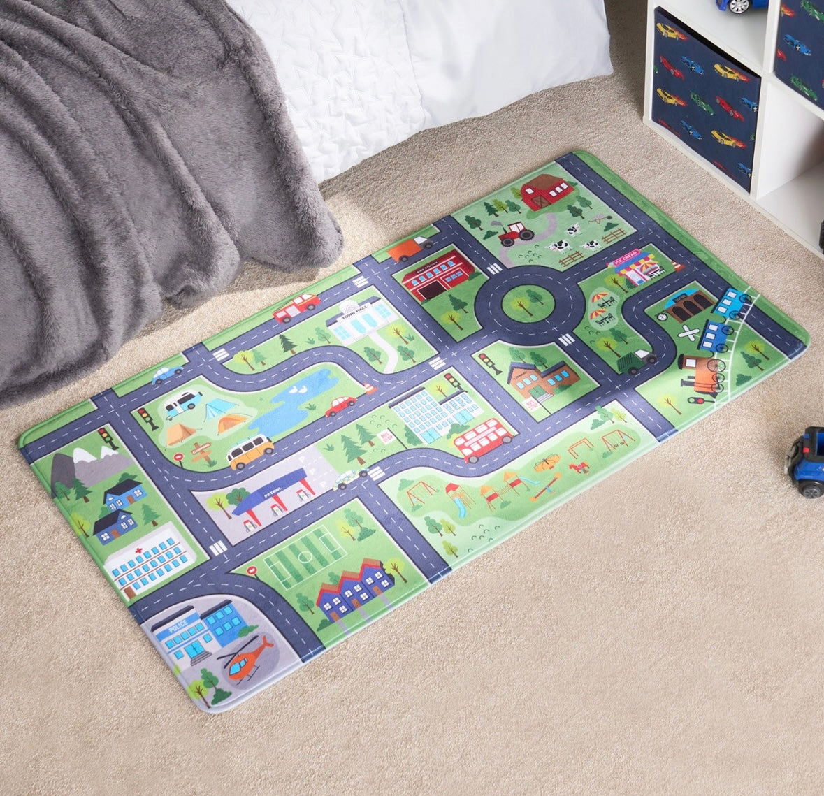 Kids Washable Supersoft Road Map Rug - Green