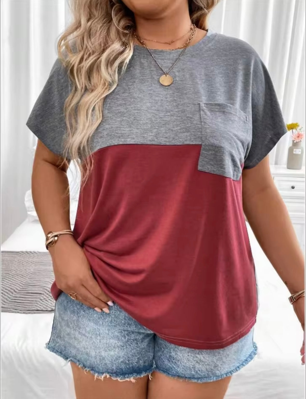Plus Size Cross Border Women's Short Sleeve Patchwork Pocket T-shirt