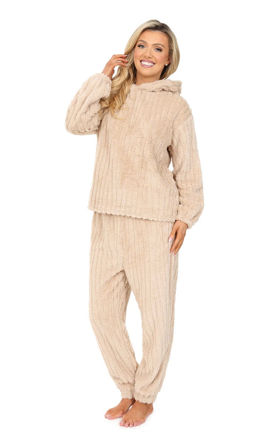 Womens Stripe Jacquard Fleece Lounge Set Ladies Pyjamas