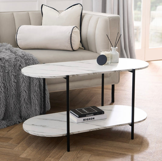 Curve 2 Layer Marble Look Wooden Coffee Table - White Marble