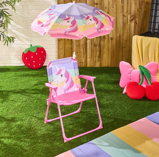 Kids Unicorn Print Chair With Parasol - Pink