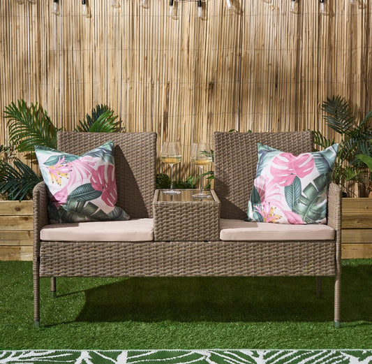 2 Seater Garden Rattan Companion Bench Table Set - Natural