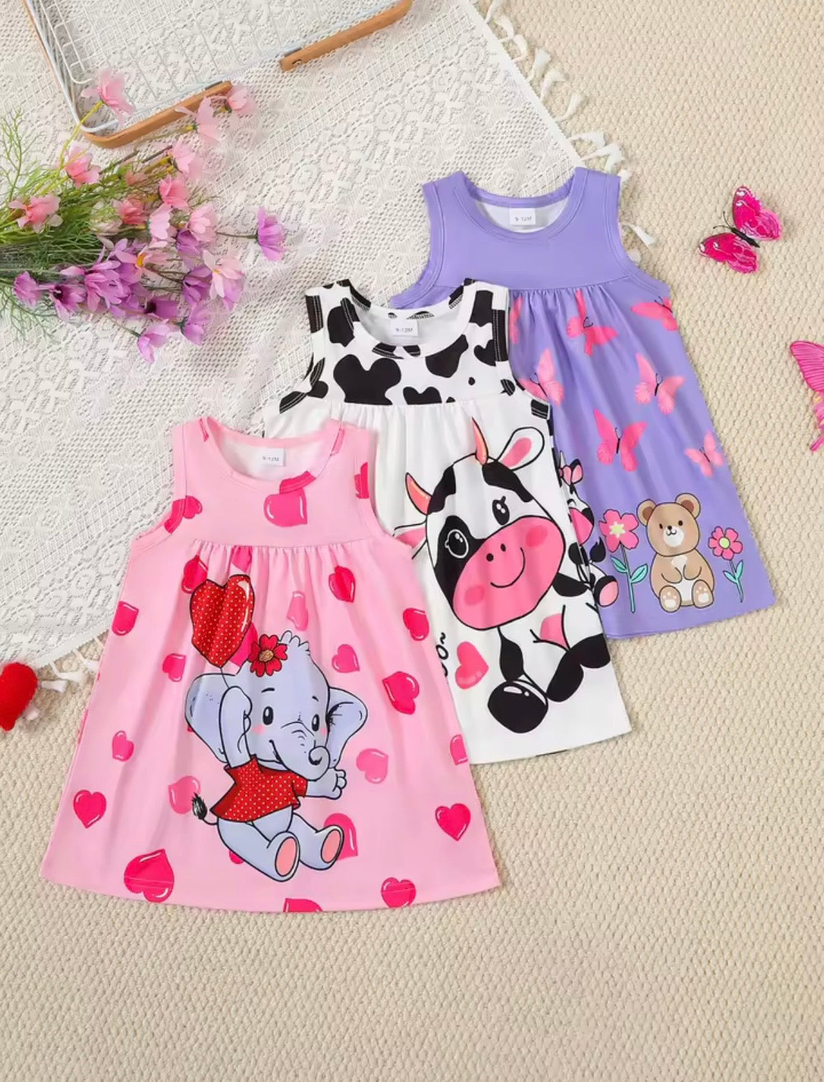 Summer Infant Baby Girls  Sleeveless Animal Print Dress  3-Piece  Set