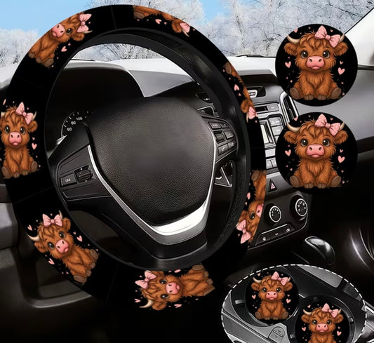 3pcs Highland Cow Pink Polka Dot Bow Car Set
