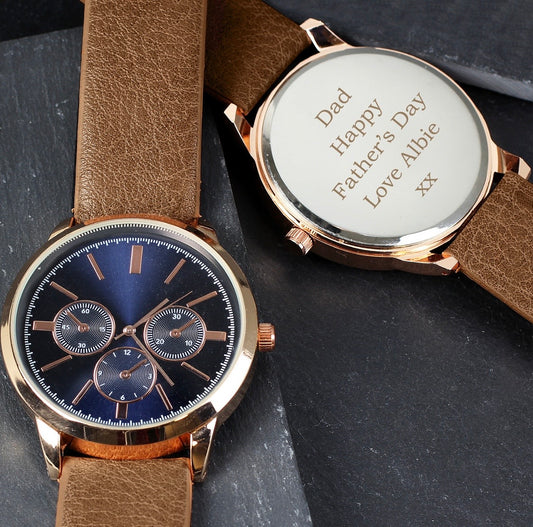 Personalised Mens Rose Gold Tone Watch with Brown Strap and Presentation Box