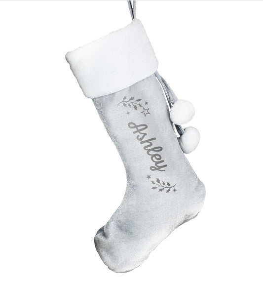 Personalised Holly Grey Christmas Stocking