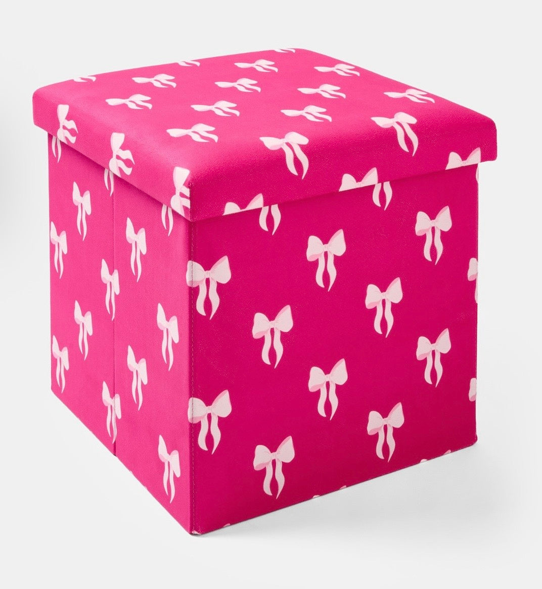 Bow Print Velvet Foldable Cube Storage Ottoman - Hot Pink
