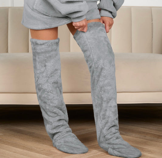 Over The Knee Teddy Slipper Socks - Grey