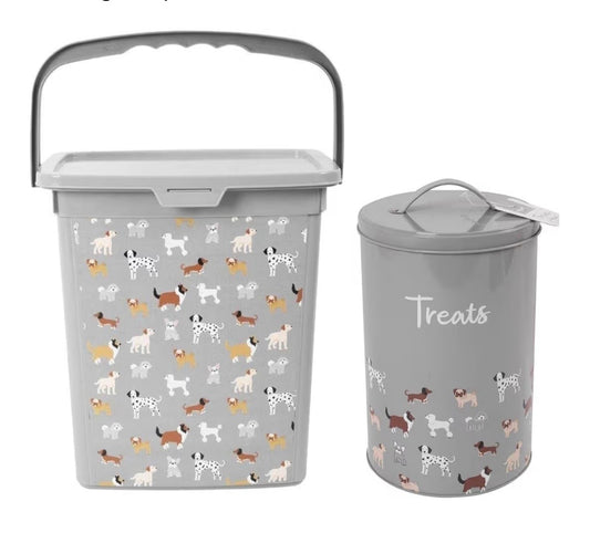 Dog Food Bin With Scoop And Treat Tin Container Grey Illustrated Pet Feeding Set