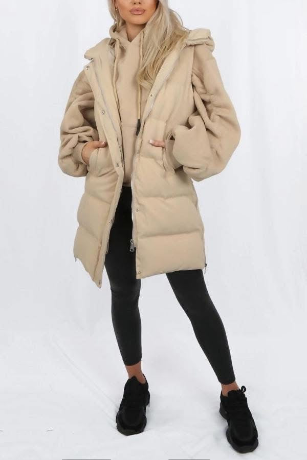 BEIGE LONGLINE HOODED PUFFER GILET