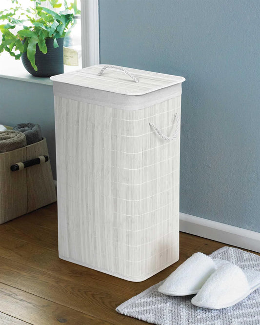 Rectangular Bamboo Laundry Hamper with Lid, White